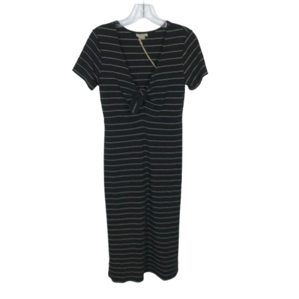 NWT Anama Womens Size Large Black Gold Striped Bodycon Midi Stretch Dress NEW